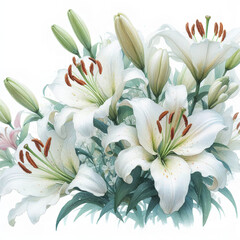 Fototapeta premium 흰 배경, 백합, 수채화 (white background, lily, water colour)