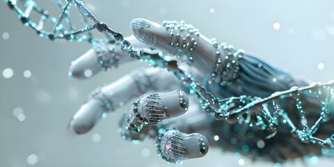 Abstract 3D human hand genetically modifying DNA using CRISPR technology. Concept Genetic Modification, CRISPR Technology, 3D Human Hand, DNA, Abstract Art
