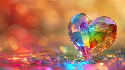 Sparkling Rainbow Heart Crystal on Glittering Surface with Colorful Bokeh Background