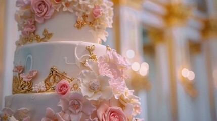 Elegant multi-tier wedding cake adorned with pink and white flowers. Perfect for luxurious weddings, adding a touch of sophistication and romance.