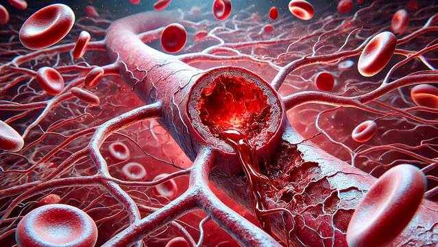 blood vessel with a ruptured aneurysm,damage and bleeding from the vessel.