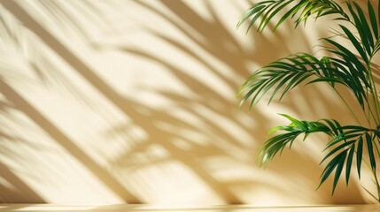 Obraz premium Sunlit palm leaves cast beautiful shadows on a beige wall, creating a tropical and serene atmosphere.
