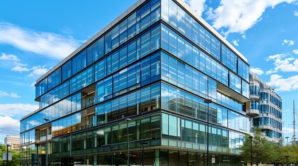 Modern sustainable glass office building Exterior view of corporate headquarters glass building architecture Energyefficient building Financial business center tower Glass windows of c : Generative AI