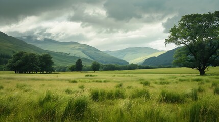 Fototapeta premium Green meadow trees and hills Scotland : Generative AI