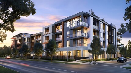 Obraz premium Exterior view of modern apartment building offering luxury rental units : Generative AI