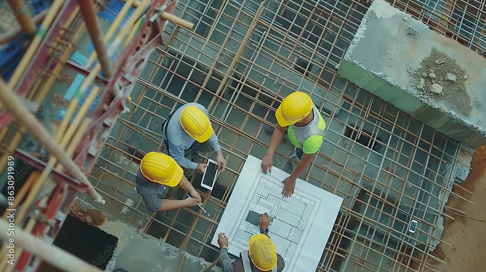 Aufkleber Top view Team engineer building inspection use tablet computer and blueprint working at construction site Civil Engineer Contractor and Architect discussing in construction site : Generative AI