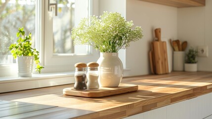 Bright kitchen interior with a wooden countertop, potted plant, and white vase with flowers by the sunlight window.