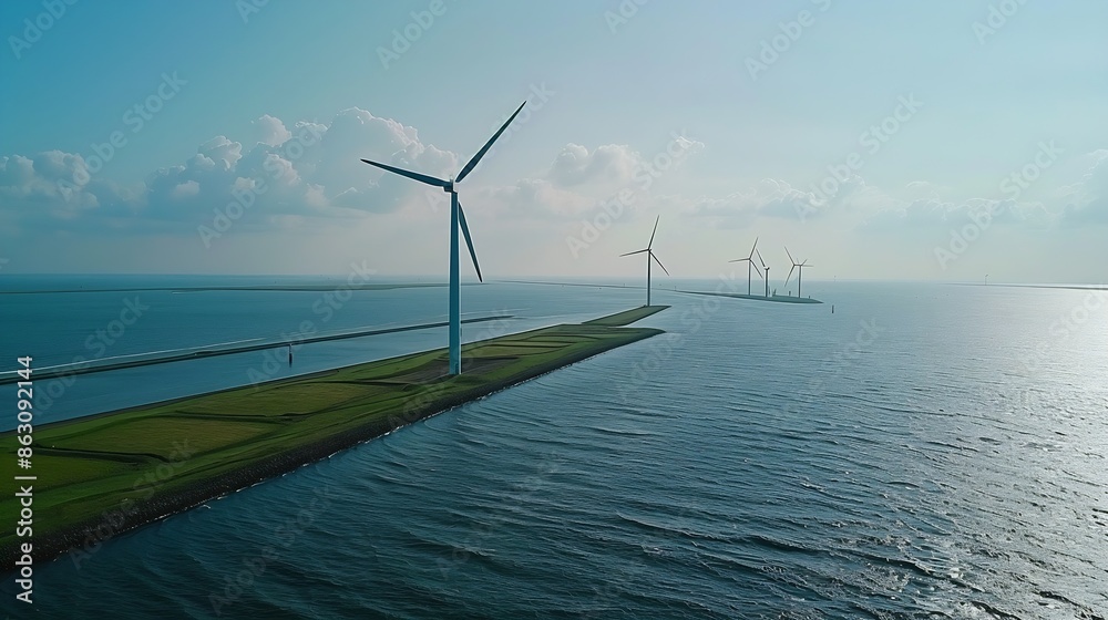 Aufkleber windmill park in the ocean aerial view with wind turbine flevoland netherlands ijsselmeer green ener