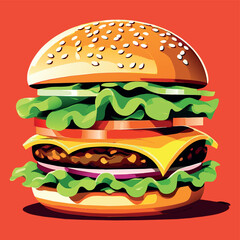 hamburger vector design flat color, Cheese Burger Cartoon Vector, Simple Burger flat illustration Vector