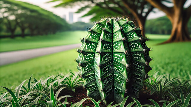 bishop miter cactus,angular shape and green, textured surface with white spots.