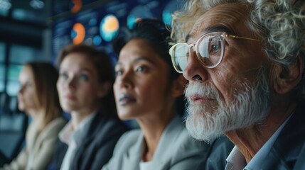 Diverse group of business professionals attentively watching a presentation in a control room with data displays.