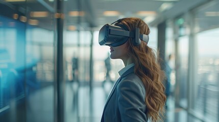 Businesswoman using virtual reality headset in modern office, exploring immersive digital experiences and innovative technology.