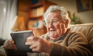 Excited elderly man, wearing glasses, points at his tablet while relaxing on a cozy couch in a warm, homey setting