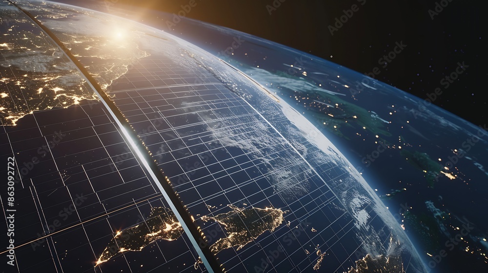 Poster solar panels surface and world map global planet electricity power supply renewable energy clean ene