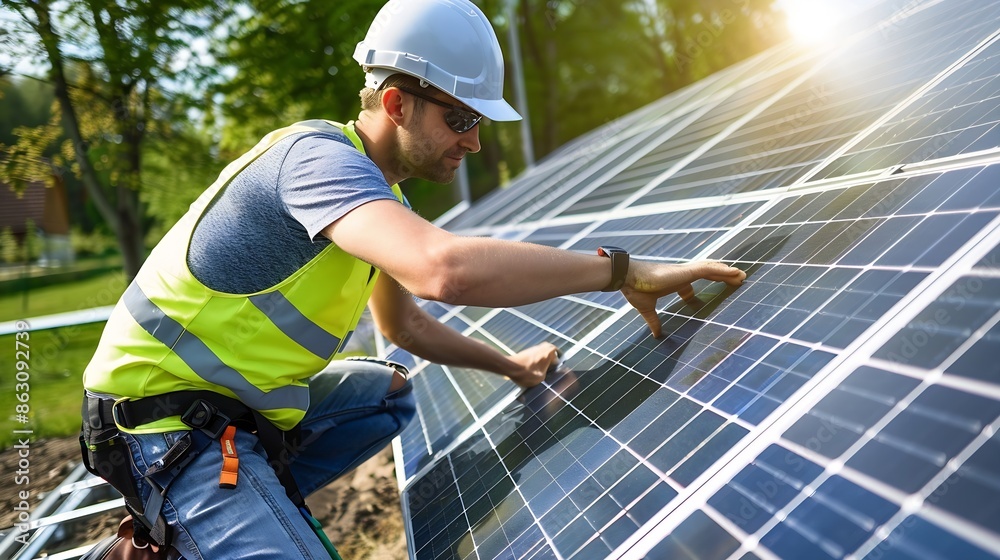 Poster Side view of male worker installing solar modules and support structures of photovoltaic solar array Electrician wearing safety helmet while working with solar panel Concept of sun ene : Generative AI