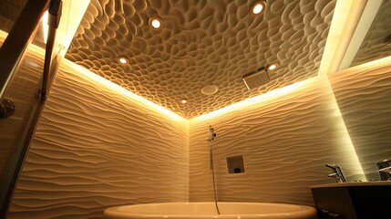 The room includes a large, comfortable seating area with sofas and armchairs, a coffee table, and an open-plan kitchen and dining area in the background. The ceiling has an intricate design with reces