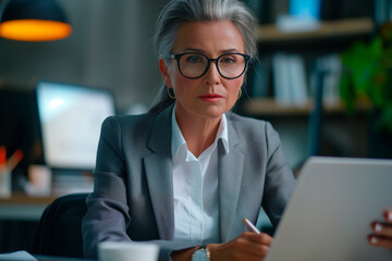 Concentrated mature businesswoman in formalwear using technologies while working in the modern office