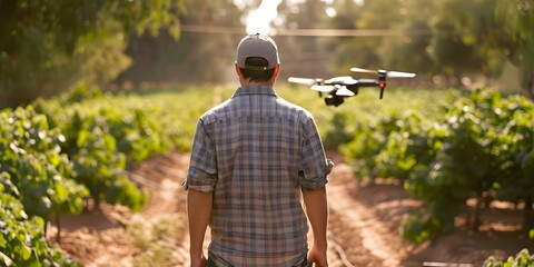 Naklejka premium Farmer uses drone to collect field data for informed irrigation decisions. Concept Agriculture, Drones, Field Data Collection, Irrigation Management, Technology
