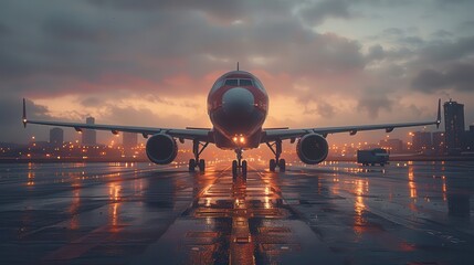 An airplane stands poised on a wet runway, set against the dramatic colors of sunset twilight, evoking feelings of anticipation, travel, and the modern marvels of aviation.