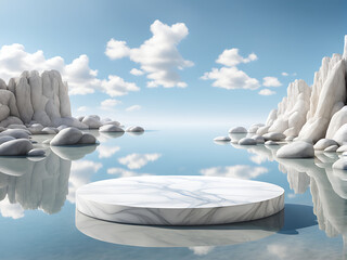  Podium water background product display scene 3d marble stand stone summer platform. Mockup background water beauty white podium rock space cosmetic stage blue presentation nature light pool black 