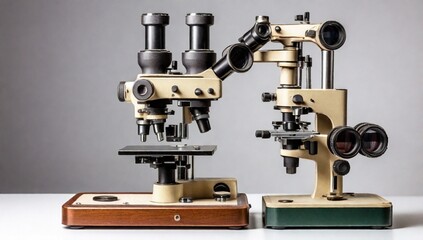 Old model of monocular and binocular microscope isolated on white background. Medical laboratory equipment.