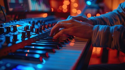 A person is playing a keyboard in a dark room with a blue background