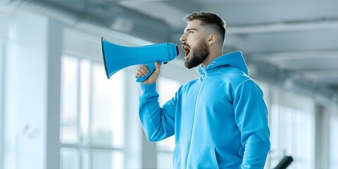 Announcement of sale by energetic fitness trainer in blue tracksuit with megaphone at home gym. Concept Fitness Trainer, Sale Announcement, Blue Tracksuit, Megaphone, Home Gym