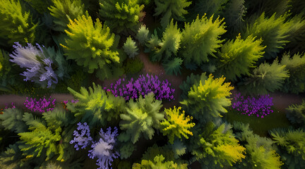 Obraz premium Aerial view of a forest in spring, with blooming wildflowers adding splashes of color among the fresh green leaves