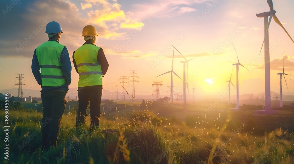 Poster back view of young maintenance engineers team working in wind turbine farm at sunset : generative ai