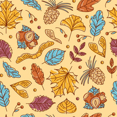 Seamless pattern of autumn leaf, nuts and seeds. Maple and rowan, ginkgo biloba, Codiaeum, lilac, linden and oak, elm and poplar. Acorns, cedar cone, hazelnuts, maple lionfish seeds. Sketch style.