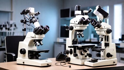 Professional biocular laboratory microscope with stereo eyepiece isolated in lab room. Genuine two piece eyelashes equipment in laboratory