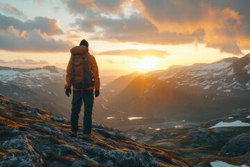 Obraz premium Solo backpacker explores Norwegian mountains at sunset.