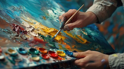 Naklejka premium A person is painting a picture with a brush and a palette of colors