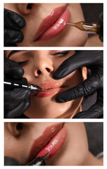 Young woman getting permanent makeup on lips in beauty salon, collage