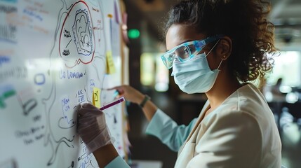Young businesswoman wearing protective face mask while writing mind map on whiteboard and making new business plans with her team during COVID19 pandemic : Generative AI