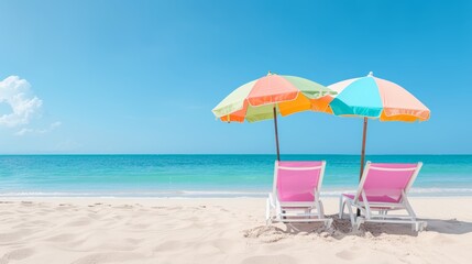 Comfortable lounge chairs on a pristine beach, colorful beach umbrellas providing shade, waves gently crashing in the background, perfect vacation setting, serene and relaxing atmosphere