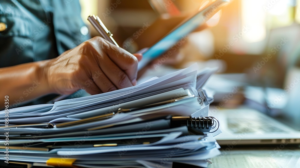 Aufkleber Auditor checking office documents plan review process and assess correctness Management of important document storage of organization ERP document system accountant Audit documents : Generative AI