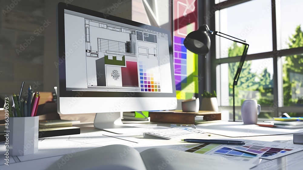 Poster Architect concept Computer and blueprint of house interior design with color swatch in workplace : Generative AI