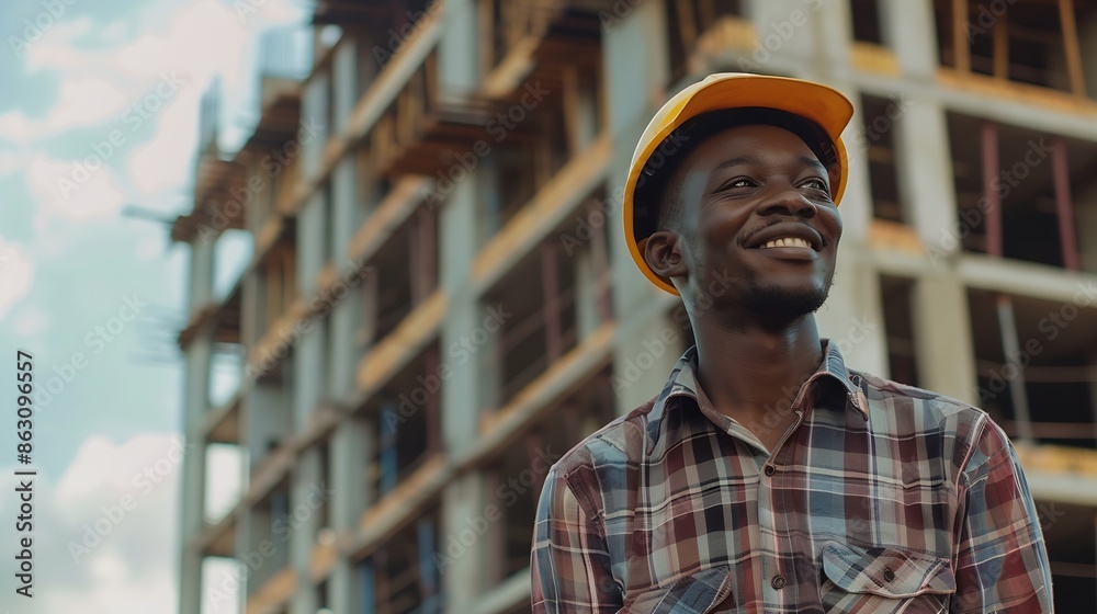 Poster happy man engineering portrait and construction site project management or outdoor city building fac