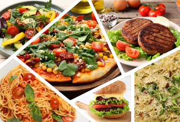 Vegetarian menu. Collage with different tasty dishes