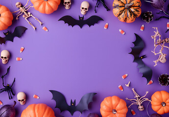 Halloween background with purple paper, pumpkins and skeletons of bats on the edges, space for text
