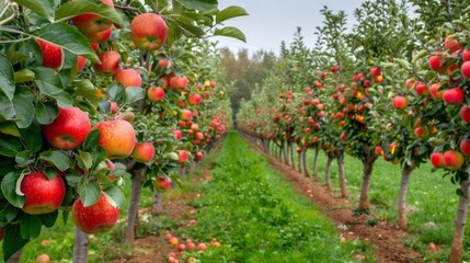 A row of apple trees with many apples hanging from them