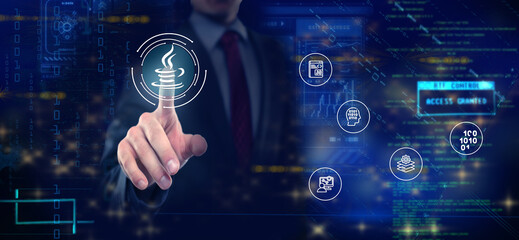 Concept of software development and digital technology. Programmer for coding on a virtual display with JavaScript, a circuit board, and a laptop.