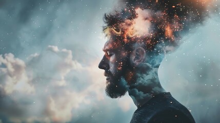 Triple exposure man worried but with free thoughts Concept of emotional freedom or mental health problems Work overload : Generative AI