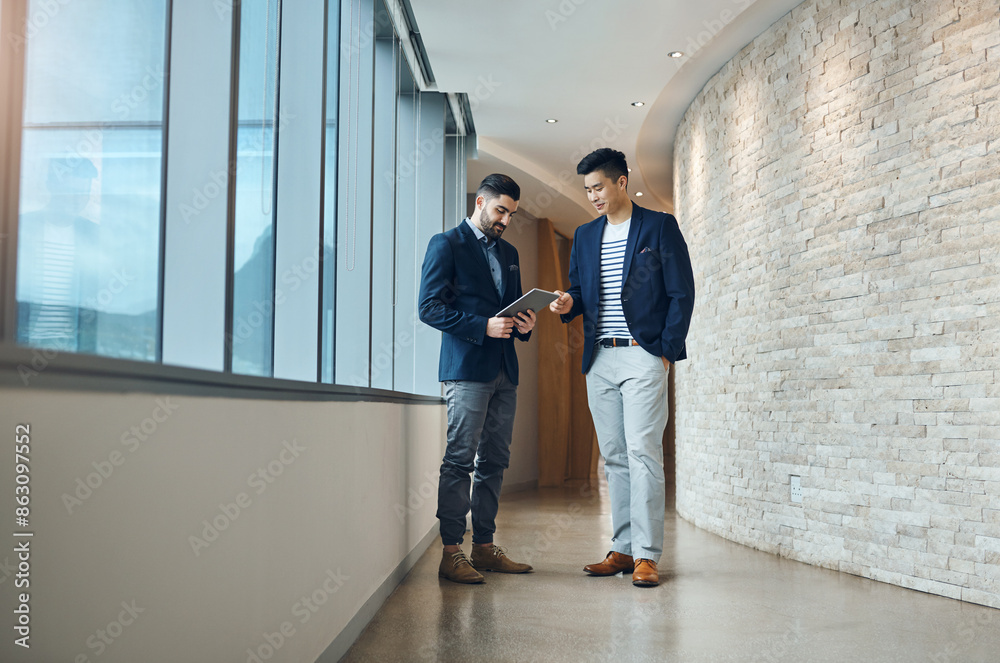 Poster office, consulting and men in hallway with tablet, planning and networking collaboration together. d