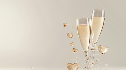 two glasses of champagne with hearts. beige background. social media concept for celebration party engagement wedding valentines day date love romantic warm cold drink alcohol nightlife 3d toast