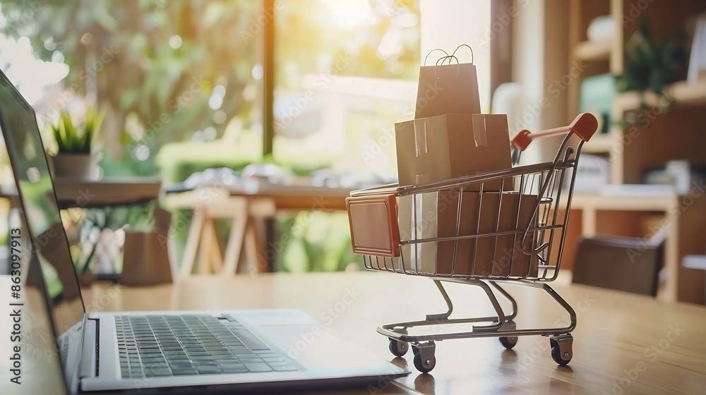 Poster Online shopping home delivery Brown paper boxes in a shopping cart with laptop keyboard on table office Easy shopping with finger tips for consumers ecommerce and customer experience c : Generative AI