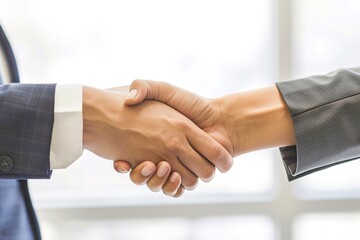 Obraz premium Professional people in suits shaking hands after a successful interview in a well-lit modern office. Business partnership, job interview, and professional agreement concepts on a white background