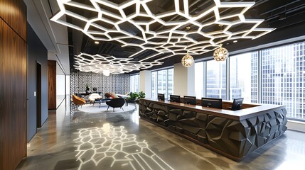 The room includes a large, comfortable seating area with sofas and armchairs, a coffee table, and an open-plan kitchen and dining area in the background. The ceiling has an intricate design with reces