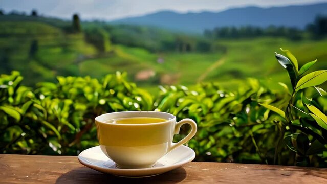 A serene view of a cup of tea resting on a wooden table, with a lush tea plantation as the backdrop